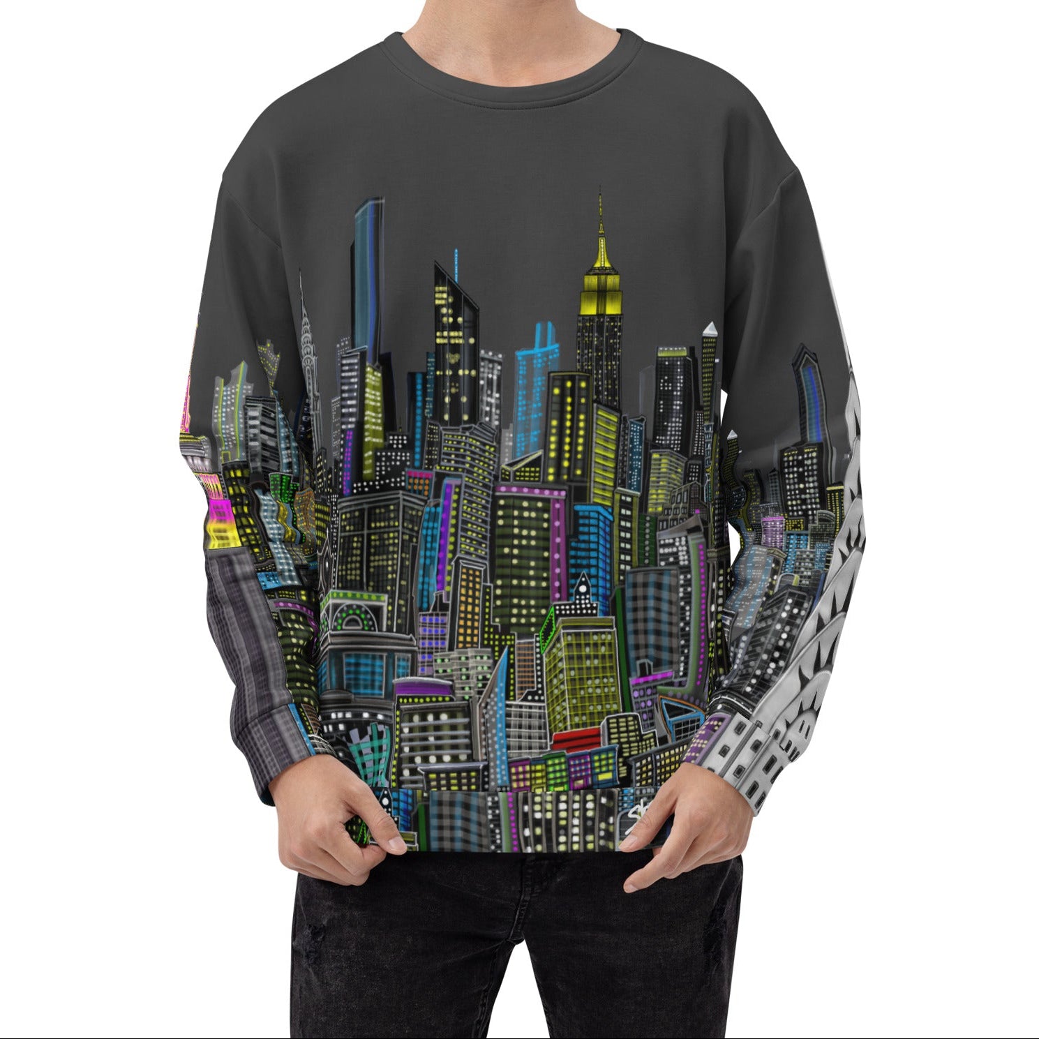 Man wearing Sweatshirt with a charcoal grey sky colorful cityscape design by Loria NYC Art on a white background