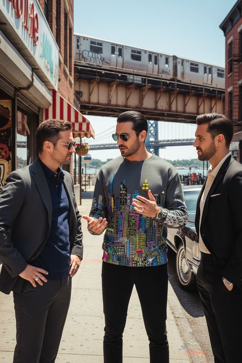 Man wearing a colorful Loria NYC Art shirt with men in suits standing on a city street with a train in the background