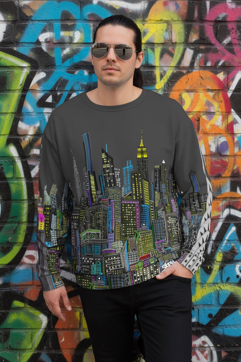 Man showing front of Sweatshirt with a charcoal grey sky colorful cityscape design by Loria NYC Art on a brick background