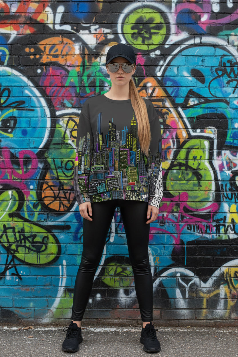 Female showing front of Sweatshirt with a charcoal grey sky colorful cityscape design by Loria NYC Art on a brick background