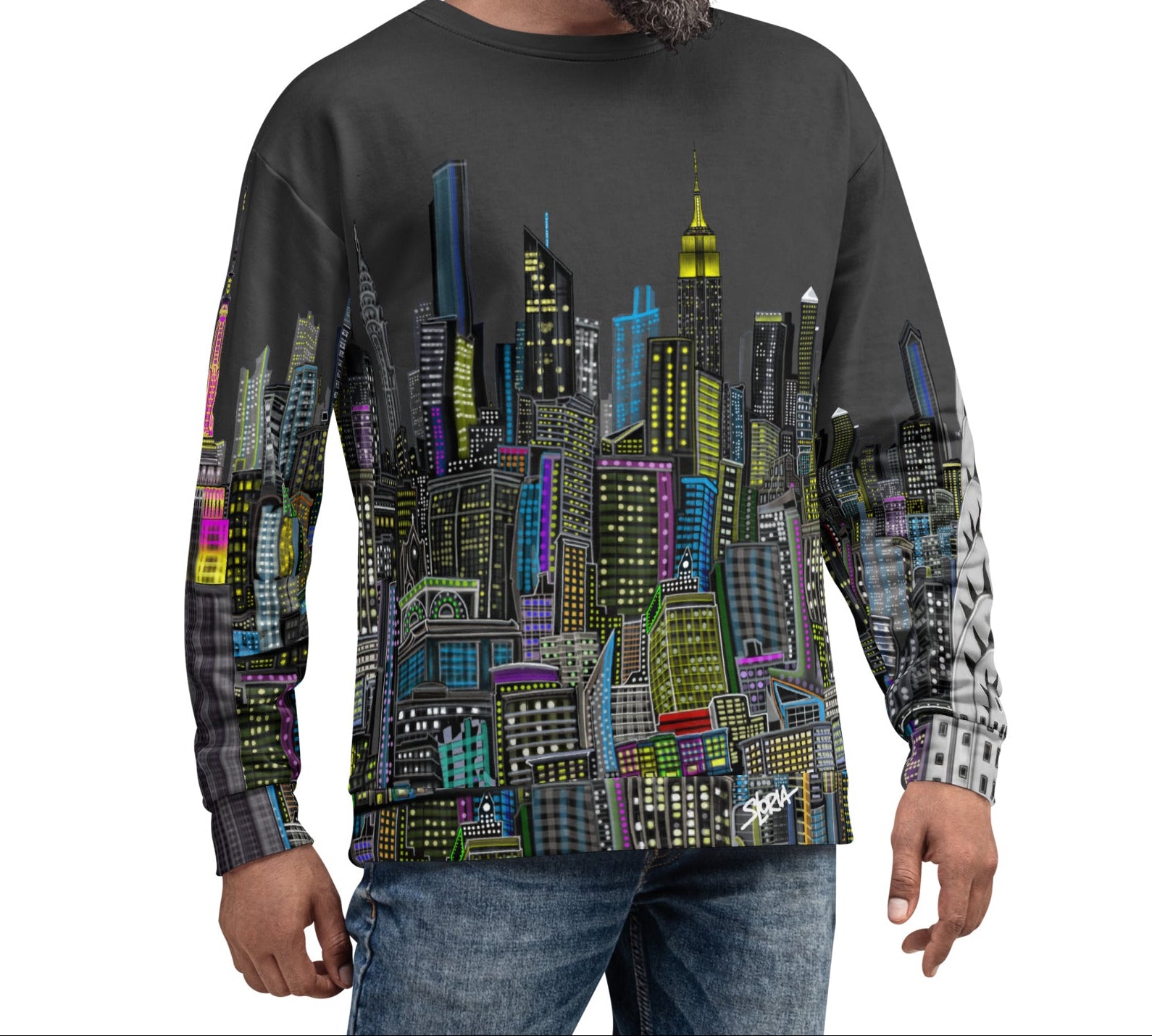 Male showing font side view  of Sweatshirt with a charcoal grey sky colorful cityscape design by Loria NYC Art on a urban  background