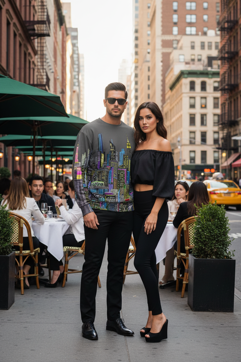 Man wearing a Loria NYC Art shirt with woman standing on a city street with restaurants in the background