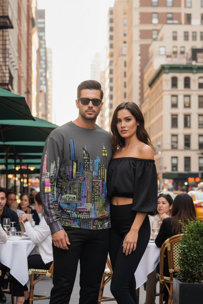 Man in a colorful Loria NYC Art shirt with a woman standing in an urban setting with city skyline design on shirt