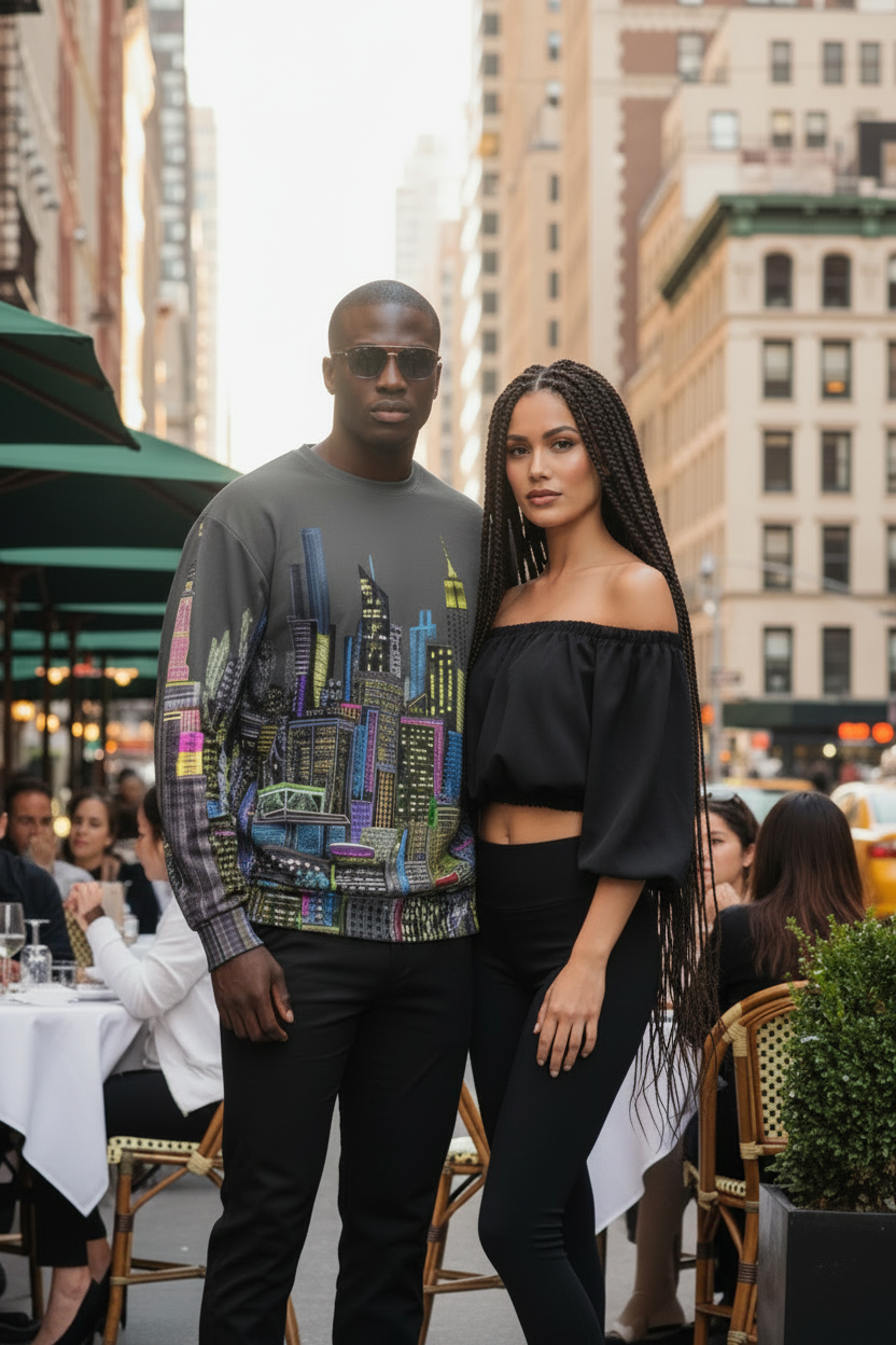 Man wearing a Loria NYC Art shirt with a friend standing on a city street with tall buildings in the background