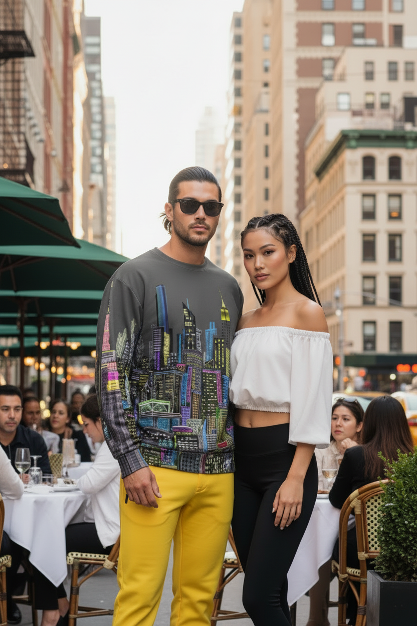 Man wearing yellow pants with a woman standing in an urban setting with city a Loria NYC Art skyline sweatshirt