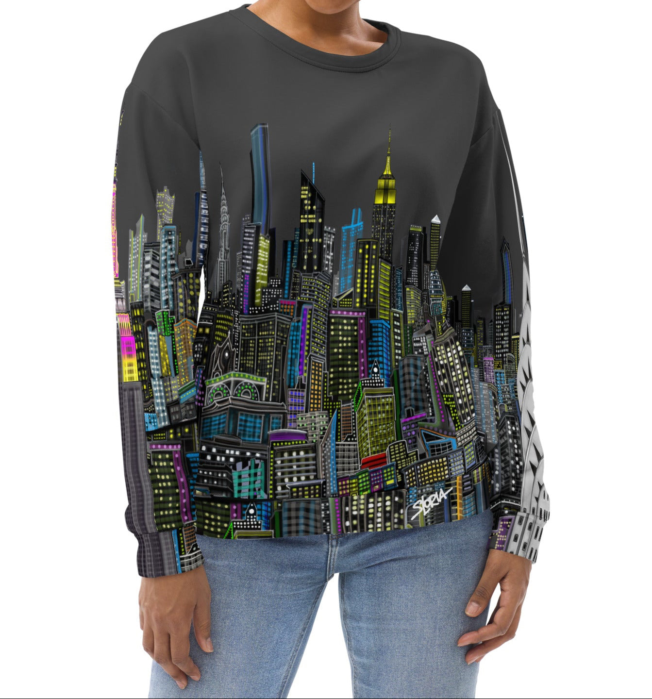 Front of Female showing font side view  of Sweatshirt with a charcoal grey sky colorful cityscape design by Loria NYC Art on a white background