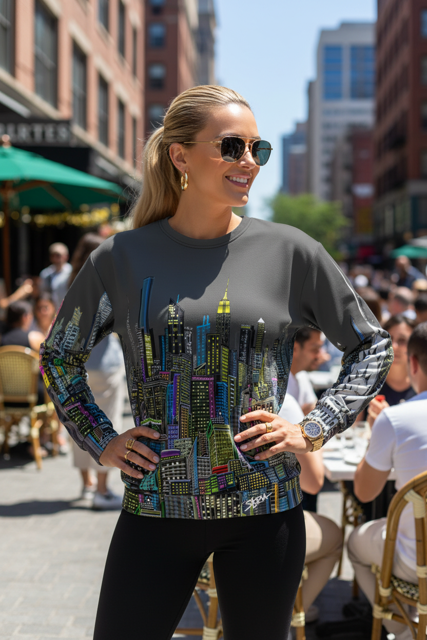 Woman wearing a cityscape-themed Loria NYC Art sweat shirt in an urban setting