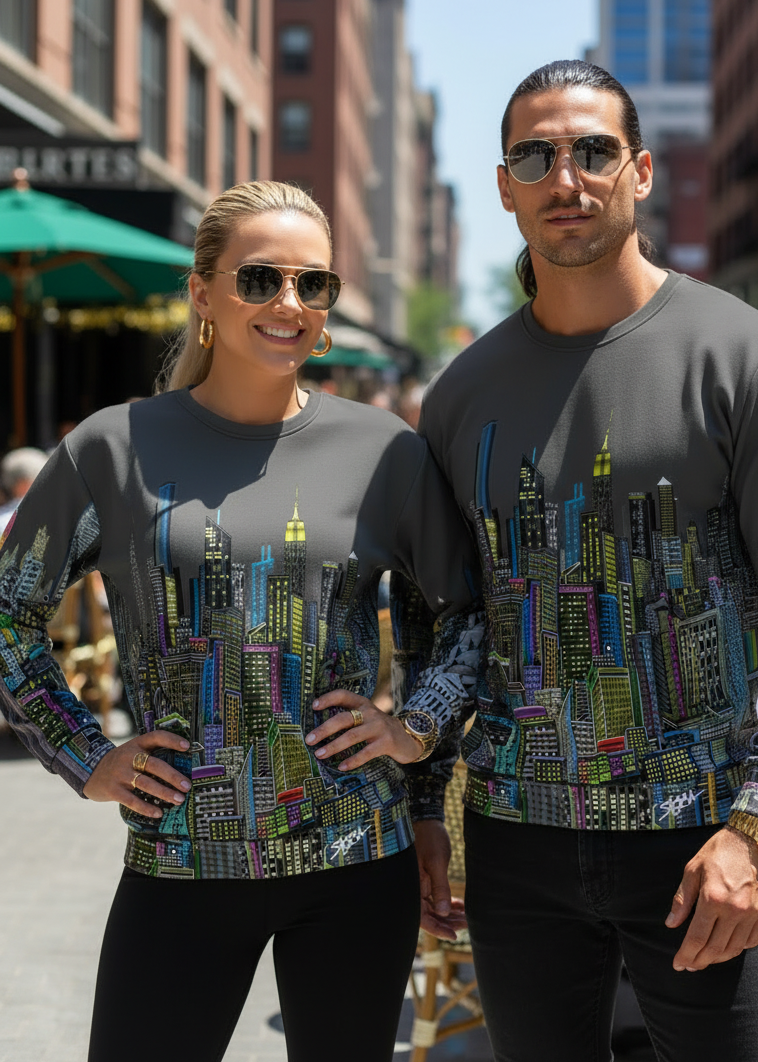Two people wearing matching gray sweatshirts with cityscape Loria NYC Art designs on a city street.