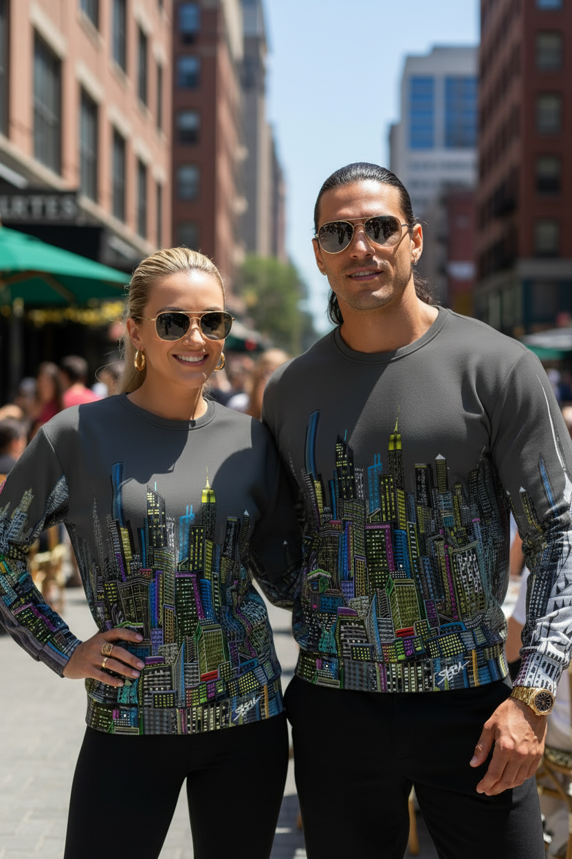 Two people wearing matching Loria NYC Art cityscape sweatshirts on a city street.