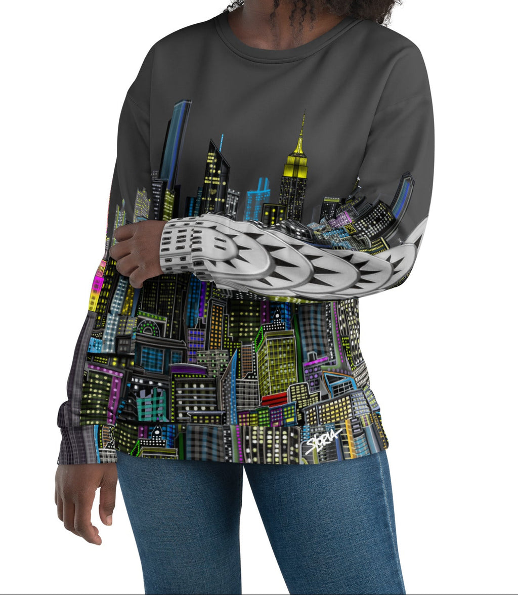 Front of lady wearing Sweatshirt with a charcoal grey sky colorful cityscape design by Loria NYC Art on a white background