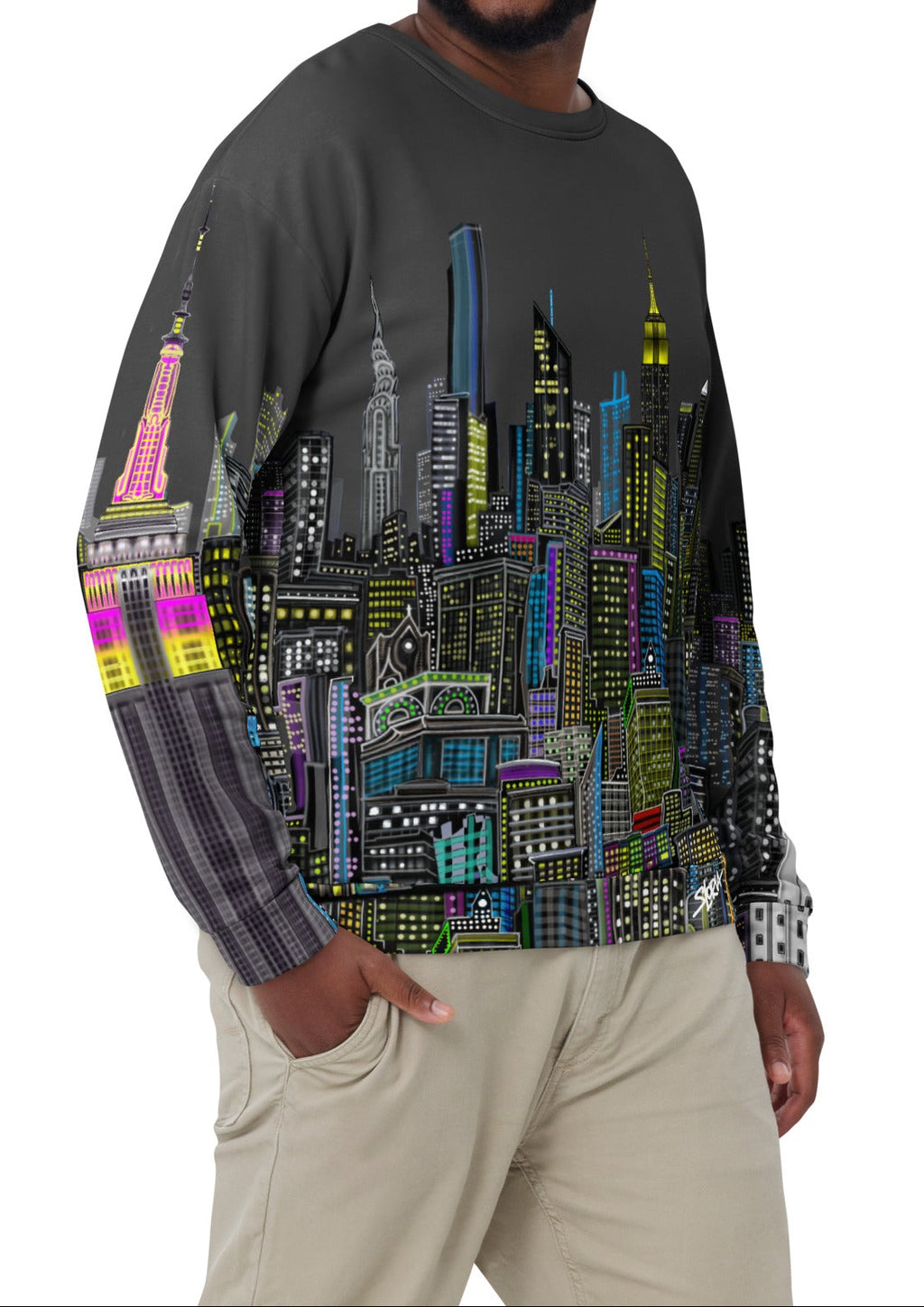 Front side of Man wearing Sweatshirt with a charcoal grey sky colorful cityscape design by Loria NYC Art on a white background