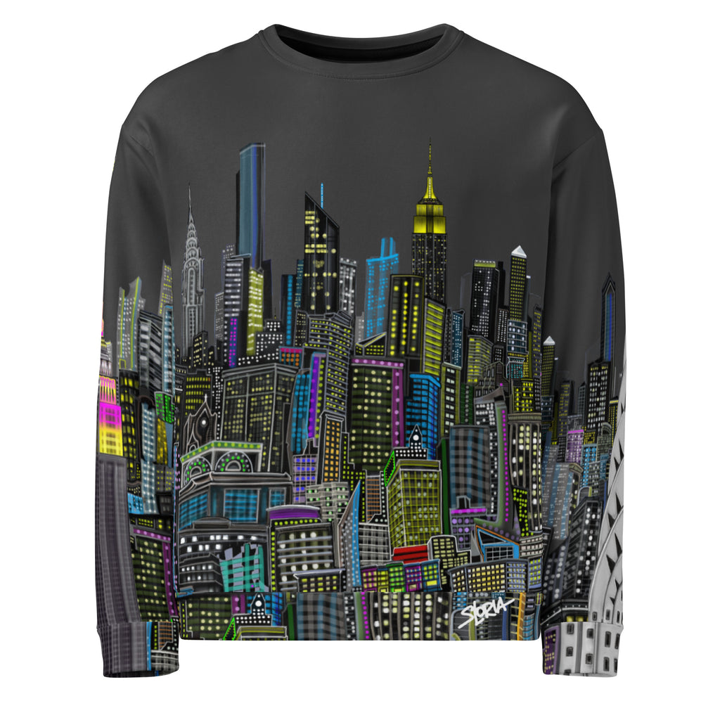 Sweatshirt with a charcoal grey sky colorful NY cityscape design by Loria NYC Art on a  white background