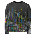 Sweatshirt with a charcoal grey sky colorful NY cityscape design by Loria NYC Art on a  white background