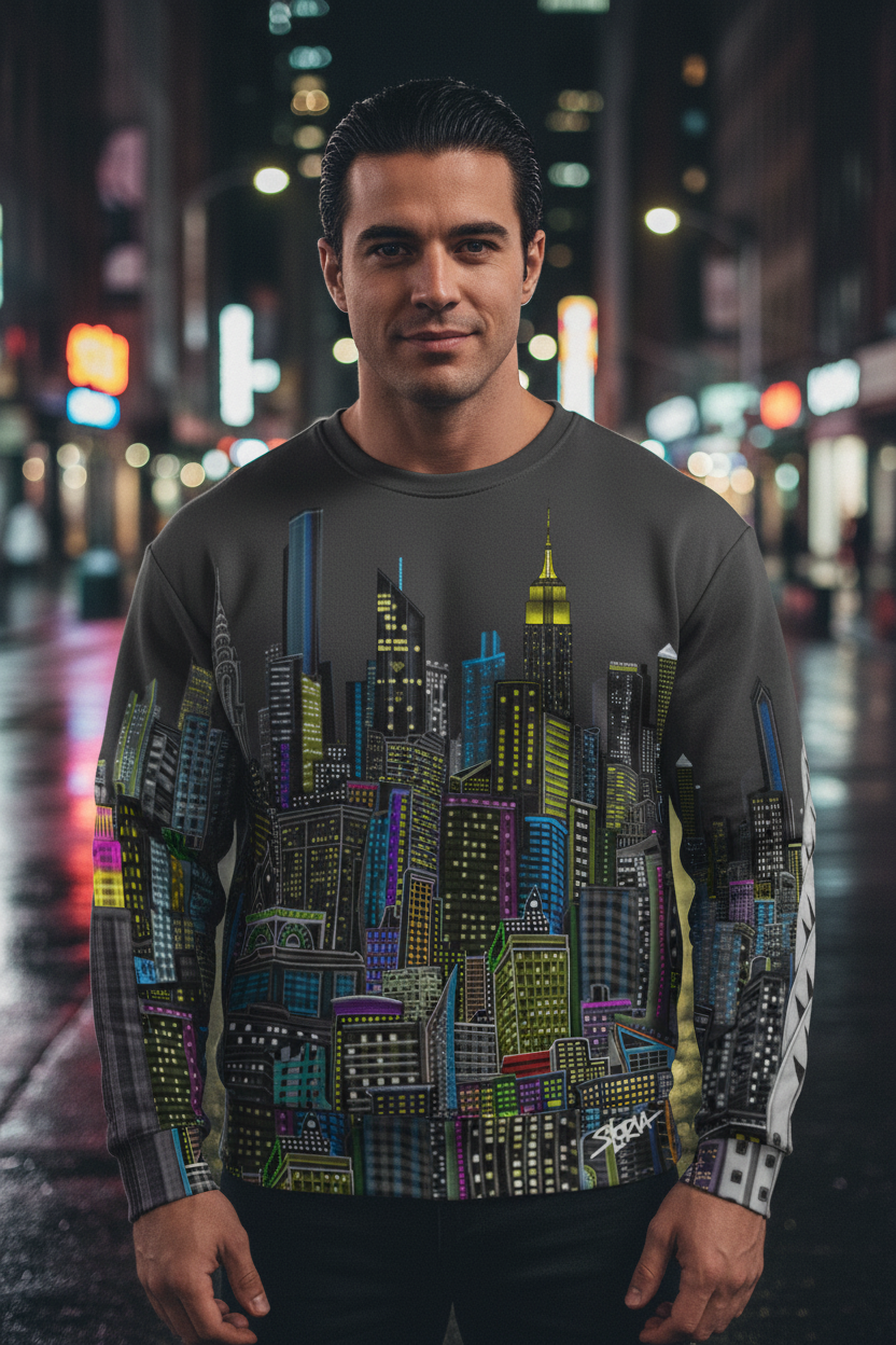 Man wearing a sweater with a colorful cityscape Loria NYC Art design on a blurred city street background