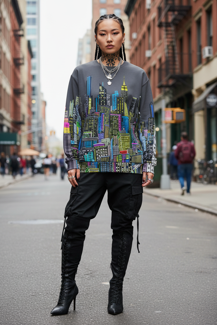 Person wearing a colorful Loria NYC Art cityscape sweater and black pants on a city street.