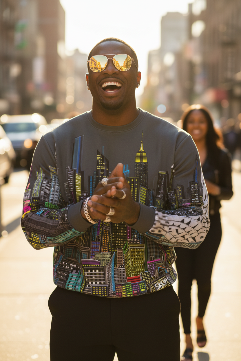 Man wearing a colorful cityscape Loria NYC Art sweatshirt on a city street