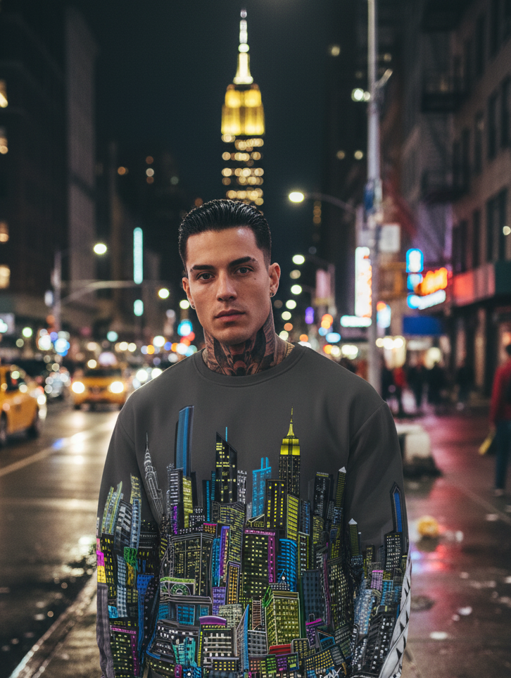 Man wearing a colorful Loria NYC Art cityscape sweater on a New York City street at night.