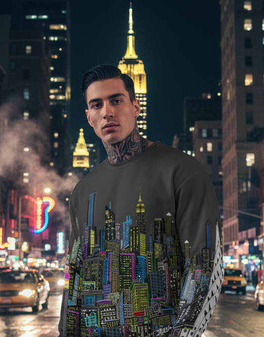 Man wearing a graphic t-shirt with a cityscape Loria NYC Art design in a neon-lit urban setting.