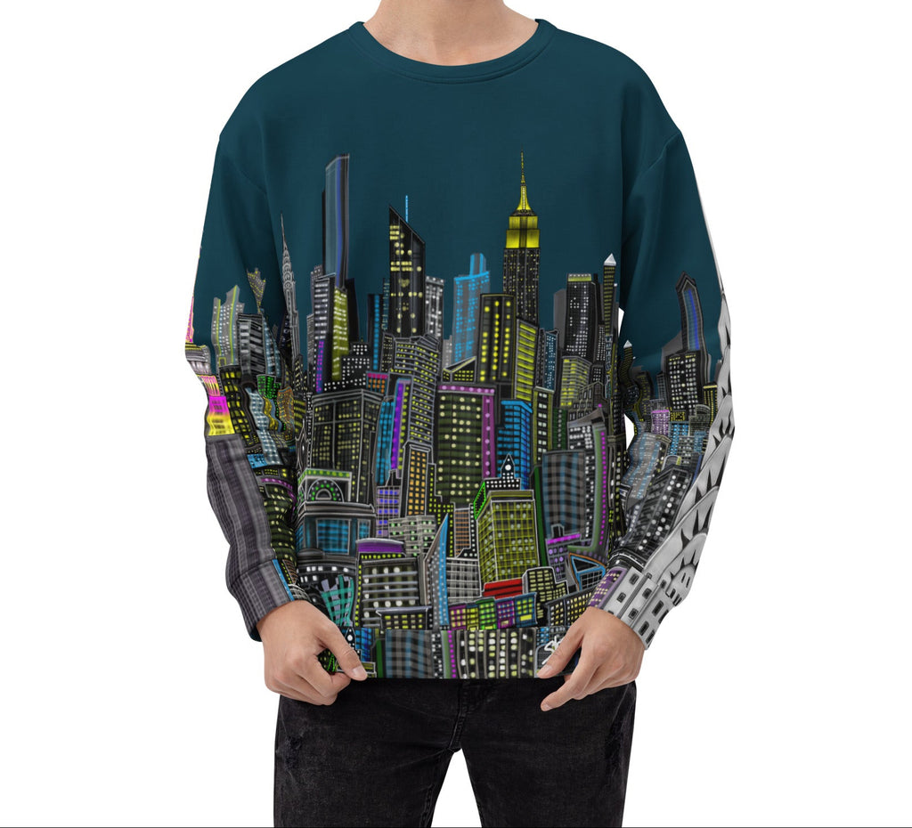 Person wearing a sweater with a cityscape design by Loria NYC Art on a white background