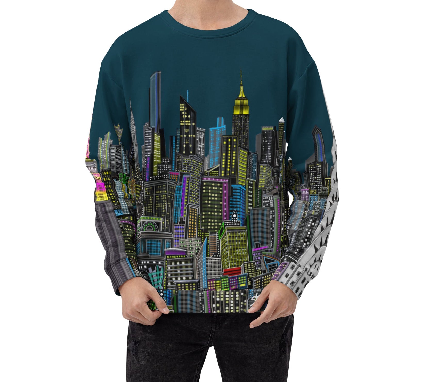 Person wearing a sweater with a cityscape design by Loria NYC Art on a white background
