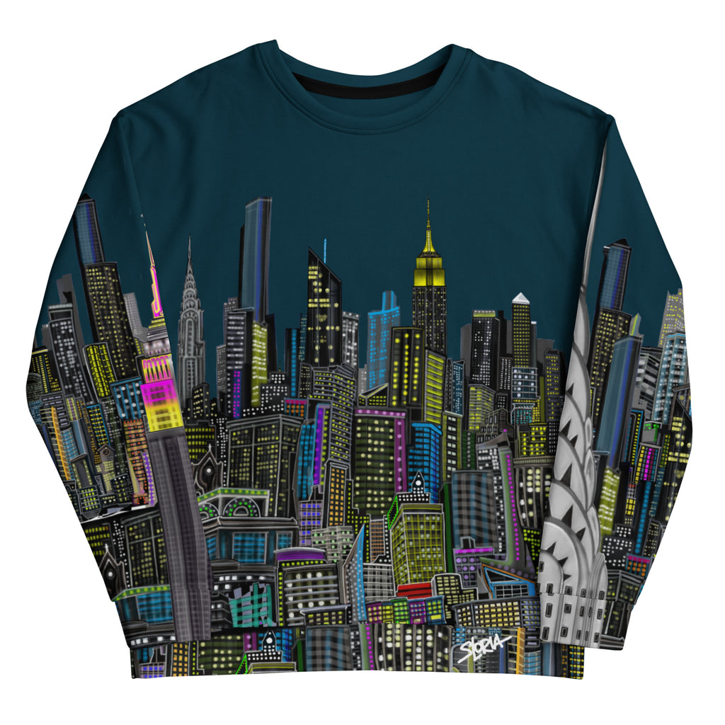 Front of Long-sleeve shirt with cityscape design by Loria NYC Art on a white background