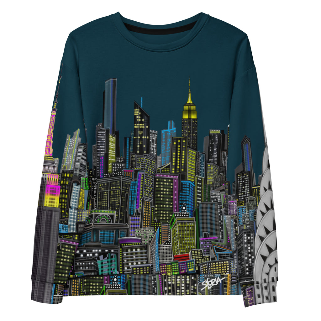 Front view of a long-sleeve shirt with a cityscape design by Loria NYC Art on a white background