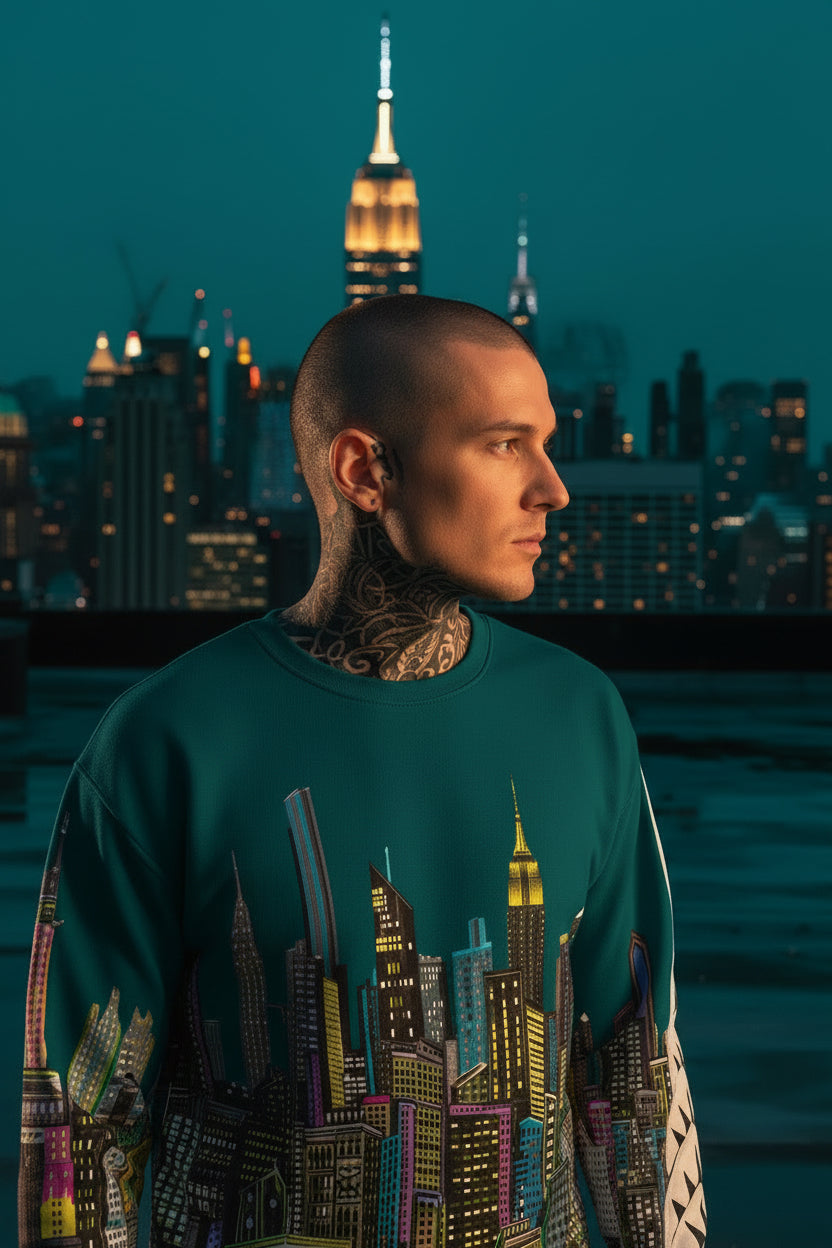 Man wearing a sweater with a colorful cityscape design by Loria NYC Art against a dark background