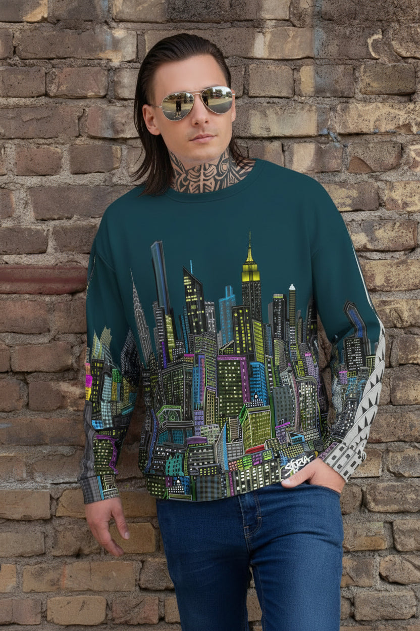 Man wearing a shirt with a cityscape design by Loria NYC Art against a stone wall.