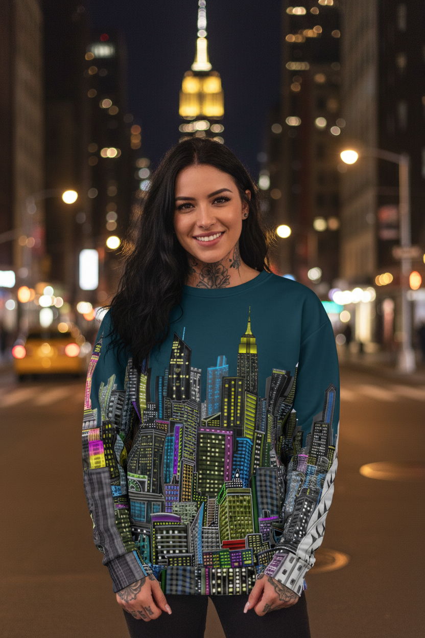 Woman wearing a colorful Loria NYC Art cityscape sweater on a city street at night.