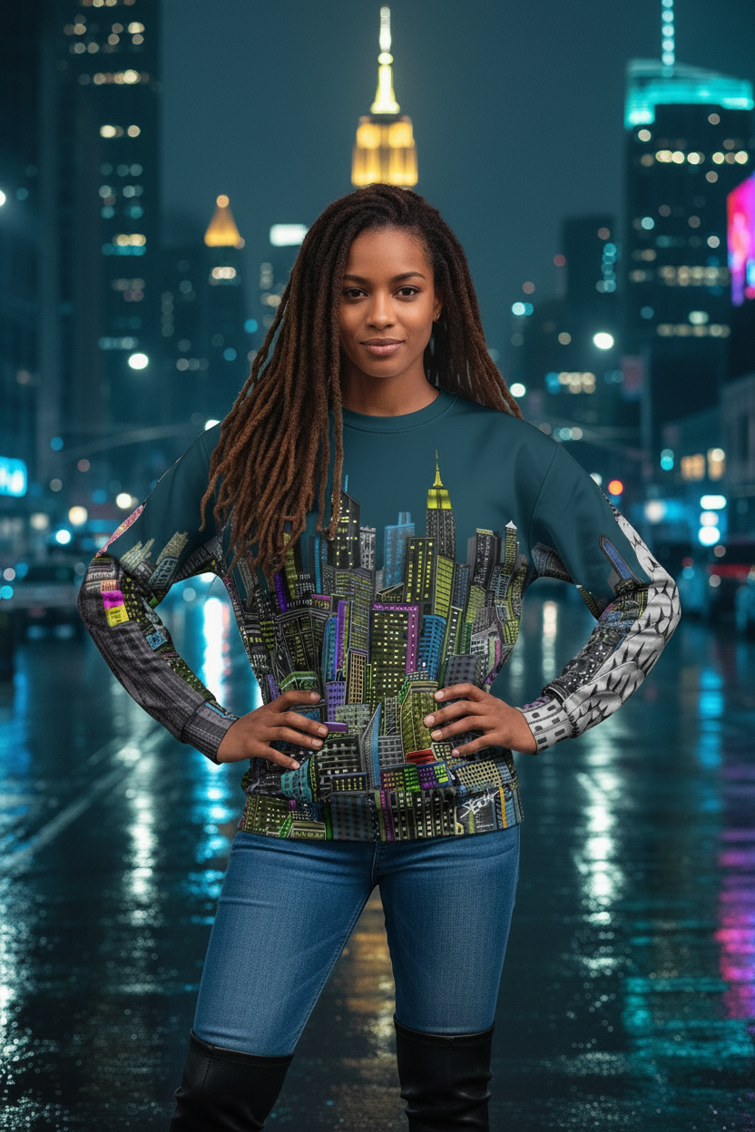 Woman wearing a Loria NYC Art cityscape shirt with a city skyline in the background
