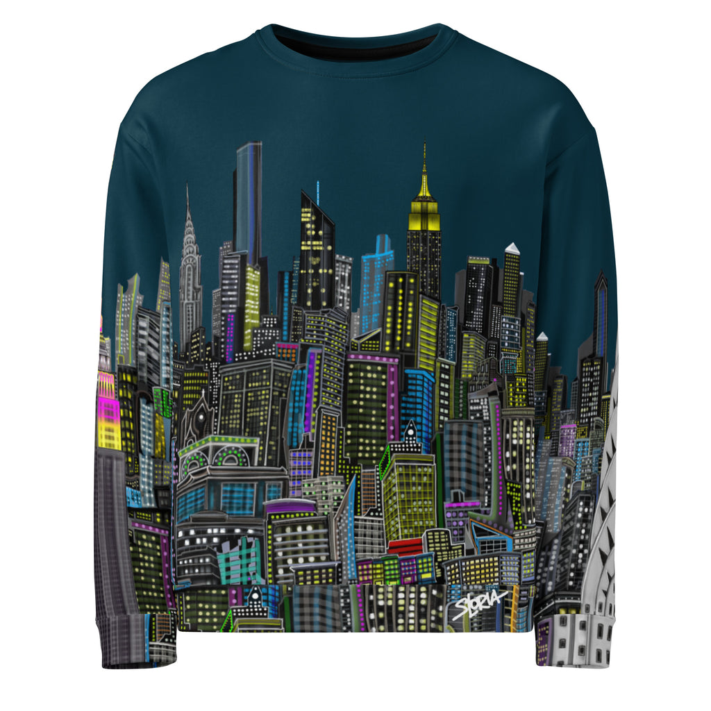 Sweatshirt with a colorful Loria NYC Art cityscape design on a white background