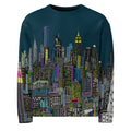 Sweatshirt with a colorful Loria NYC Art cityscape design on a white background