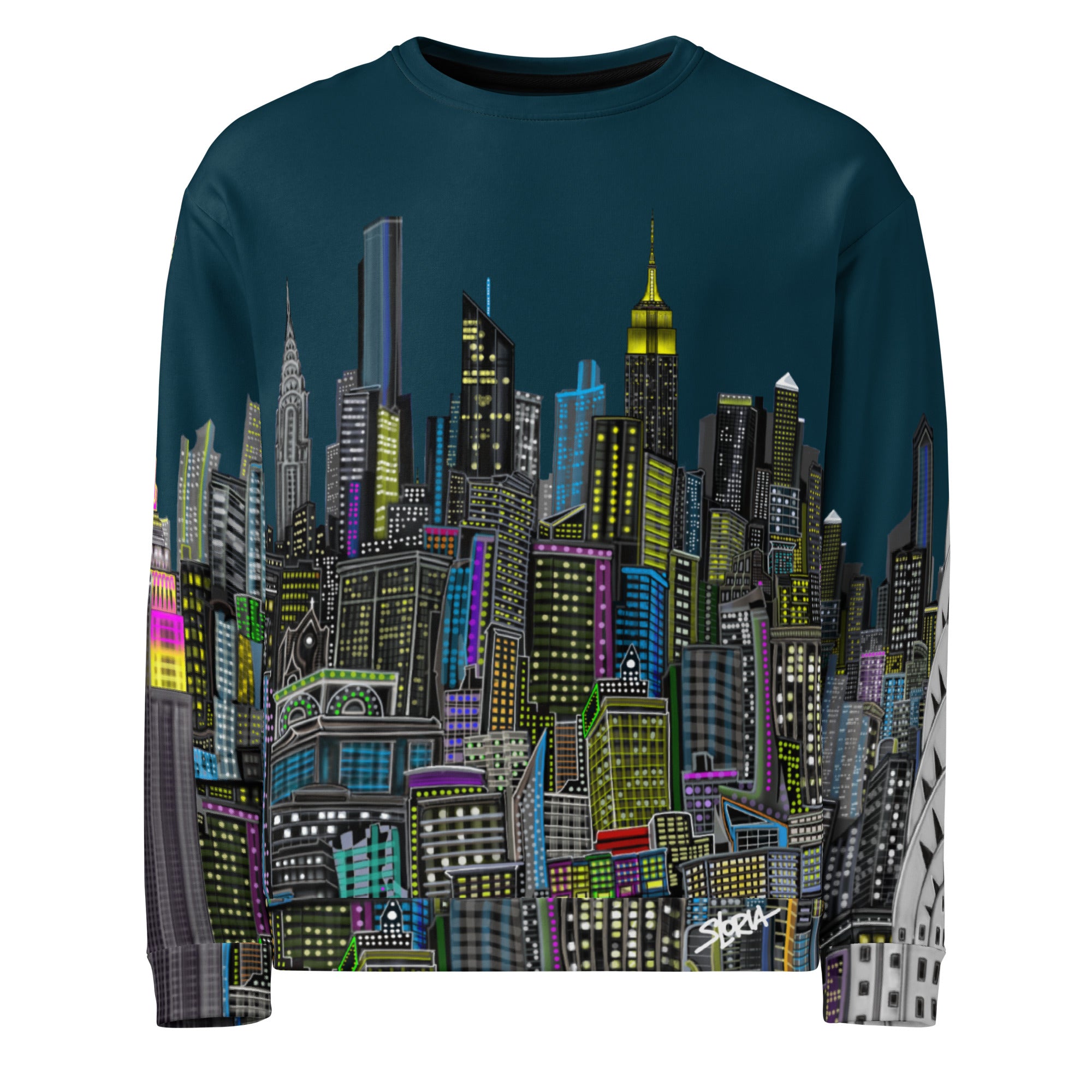 Sweatshirt with a colorful Loria NYC Art cityscape design on a white background