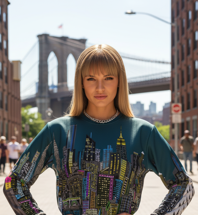 Woman wearing a sweater with cityscape Loria NYC Art design in an urban setting with the Brooklyn Bridge in the background.