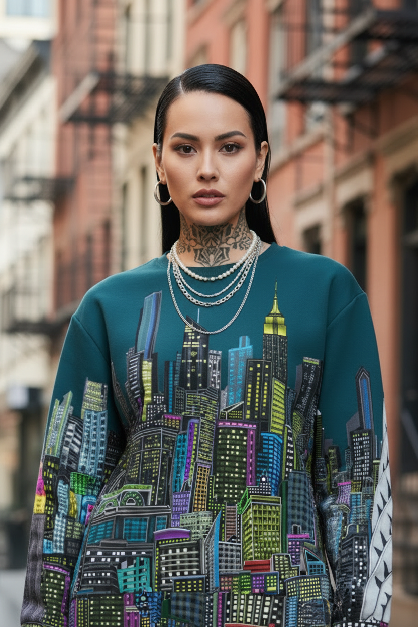 Woman wearing a teal Loria NYC Art sweatshirt with cityscape design on a street background