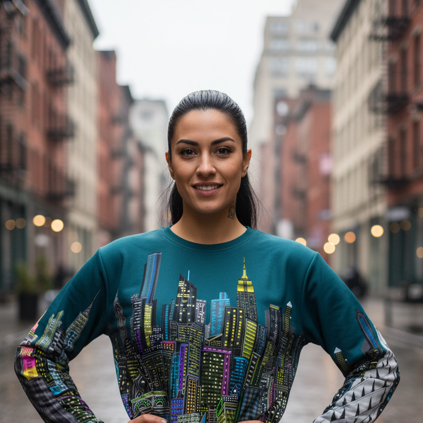 Woman wearing a colorful Loria NYC Art cityscape sweatshirt on a city street