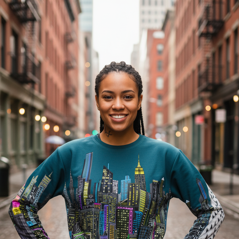 Person wearing a teal Loria NYC Art sweatshirt with cityscape design on a city street.