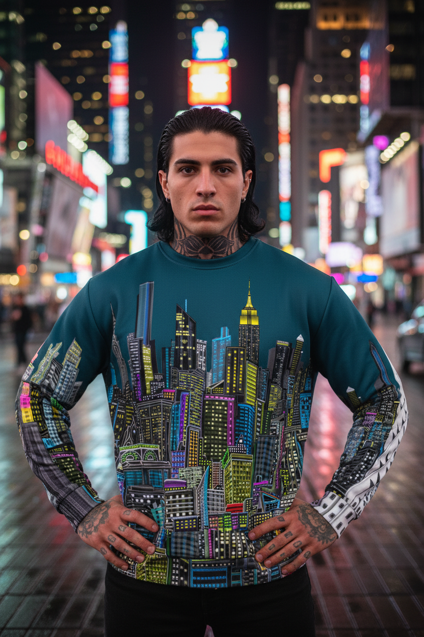 Man wearing a shirt with a Loria NYC Art cityscape design on a neon-lit street.