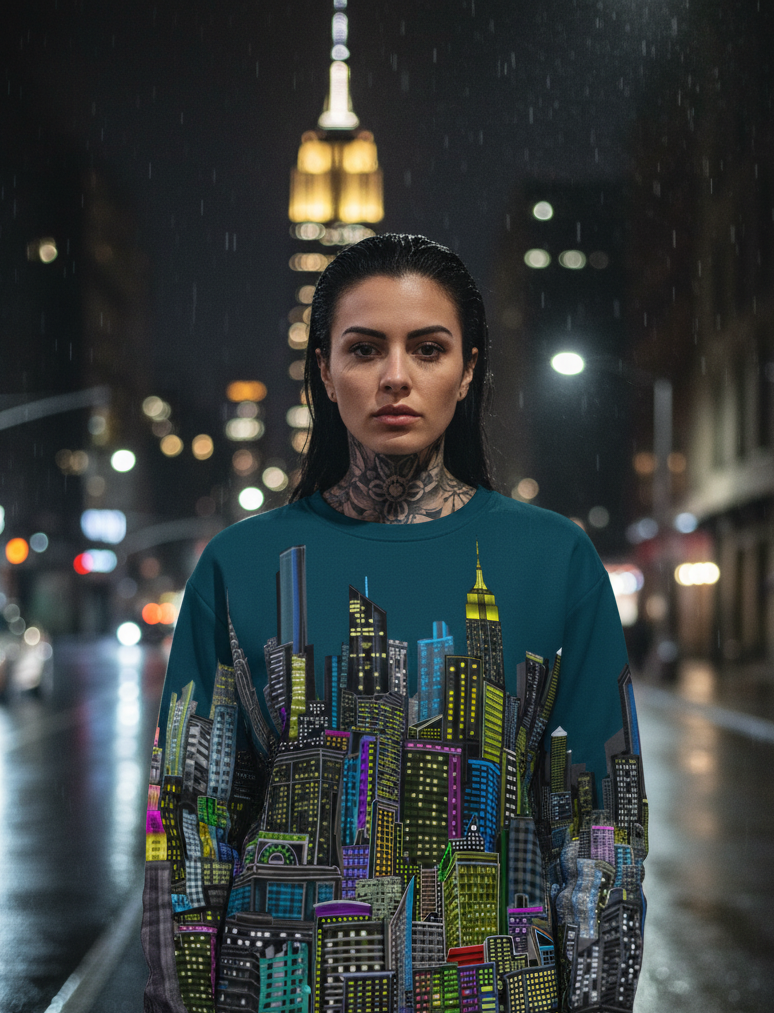 Woman wearing a cityscape Loria NYC Art sweat shirt with a nighttime city street in the background