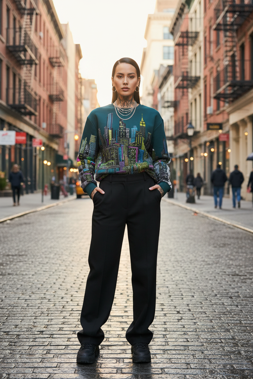 Person wearing a colorful Loria NYC Art sweat shirt and black pants standing on a city street.