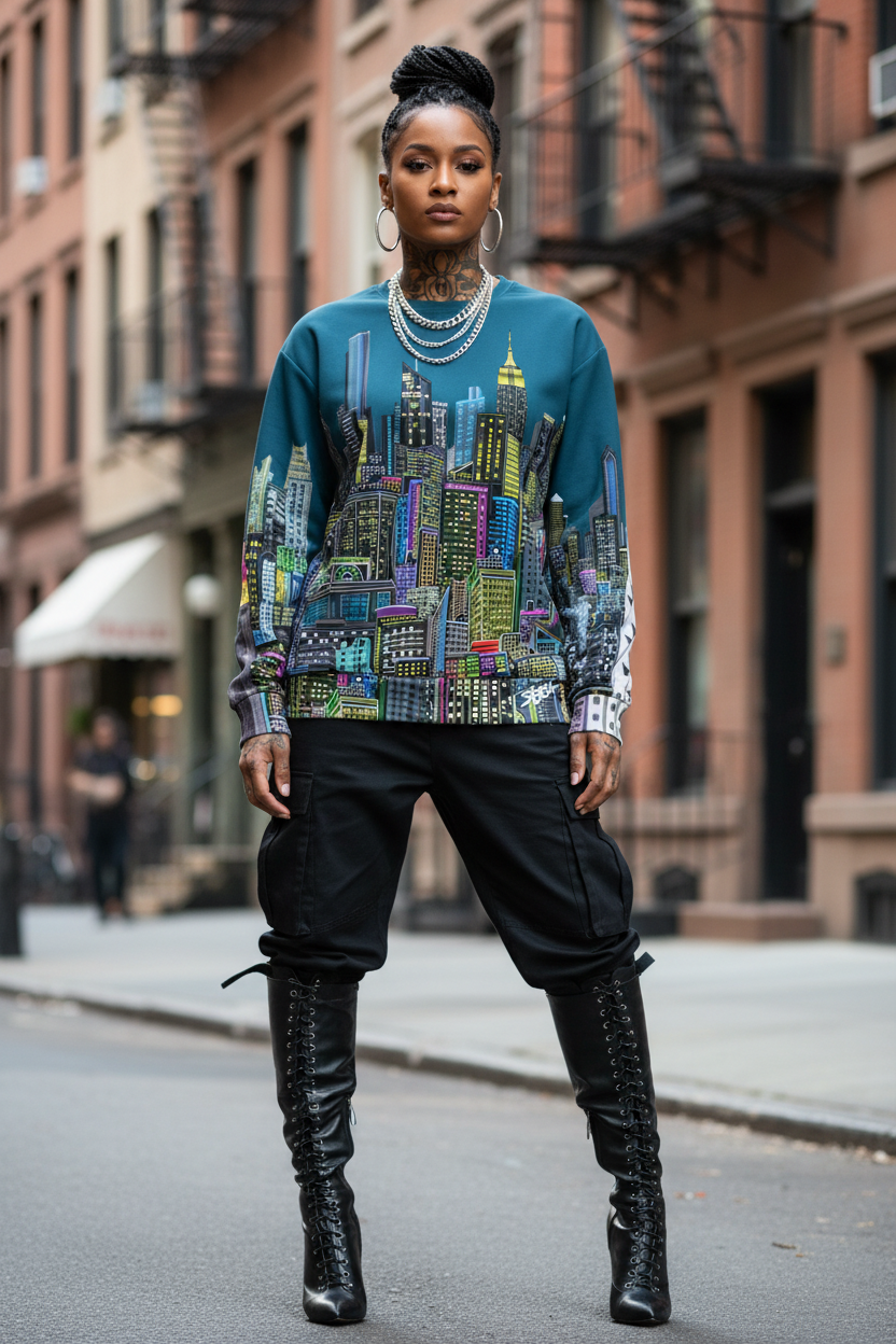Person wearing a colorful Loria NYC Art cityscape sweater and black pants on a city street.