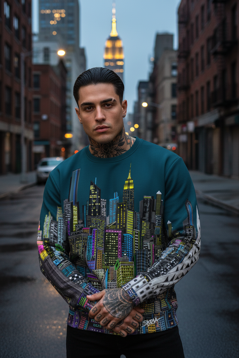 Man wearing a colorful Loria NYC Art cityscape sweat shirt on a city street at dusk.