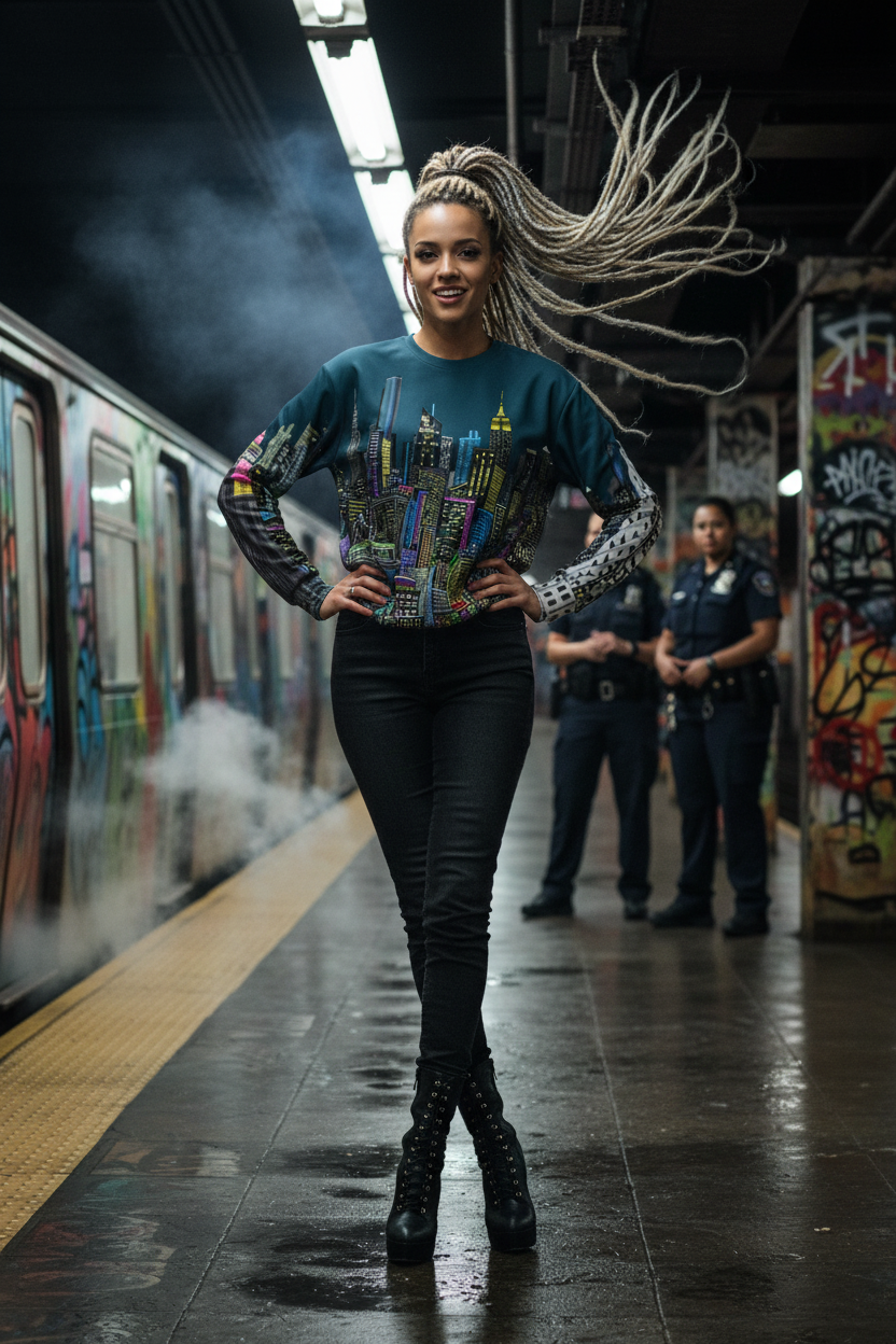 Woman in a colorful Loria NYC Art sweatshirt and black pants standing on a subway platform with graffiti art.
