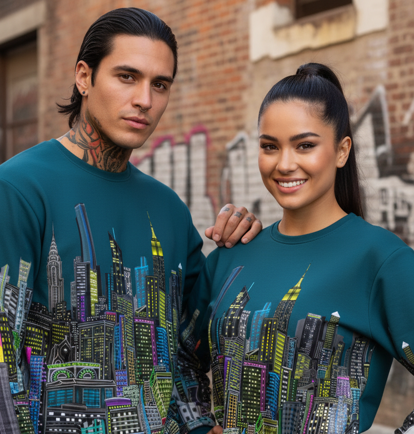 Two people wearing teal Loria NYC Art sweat shirts with a cityscape design in an urban setting.