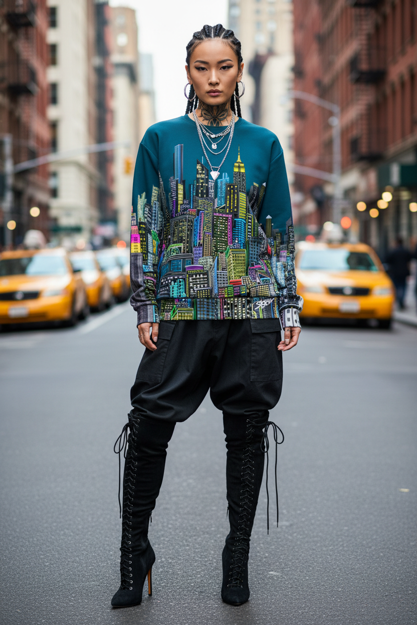 Person wearing a colorful Loria NYC Art cityscape sweater on a city street with taxis in the background
