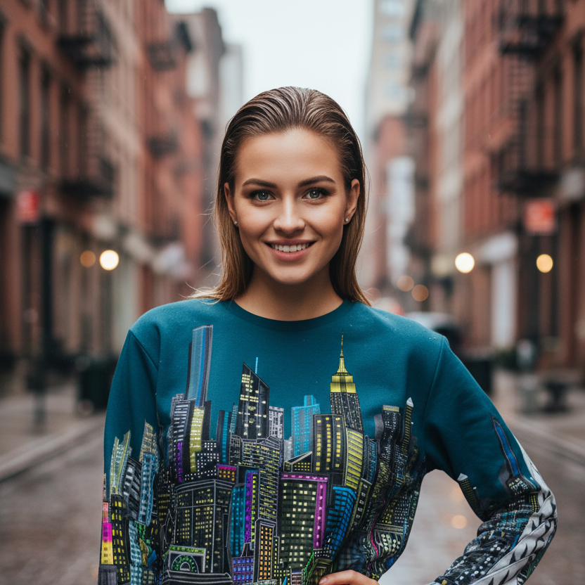 Woman wearing a colorful Loria NYC Art cityscape sweater on a street.
