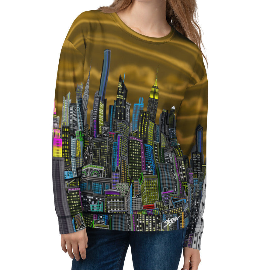  Front of girl wearing a Long-sleeve shirt with a colorful cityscape design by Loria NYC Art on a white background