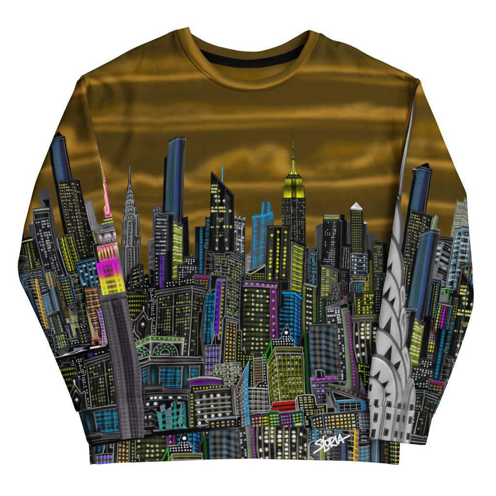 Long-sleeve shirt with a colorful cityscape design by Loria NYC Art on a white background