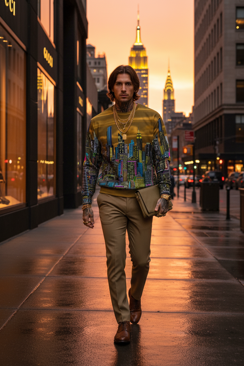 Man walking on a city street with a colorful sweater designed by Loria NYC Art and beige pants at sunset.