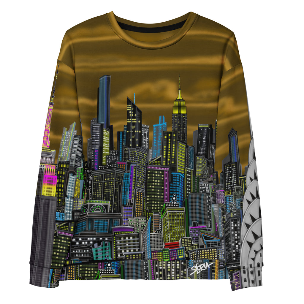 Front of Long-sleeve shirt with a colorful cityscape design by Loria NYC Art on a white background